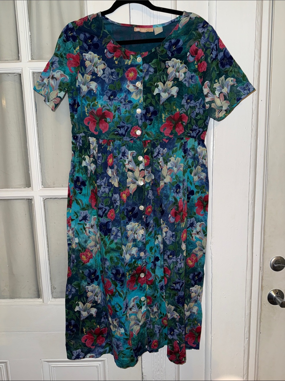 LA Cera Floral Button-Front 90’s Cottagecore Dress in Teal Multicolor SZ M